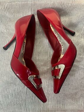 BCBG Red Patent Pointed-Toe Heels with Silver Buckle